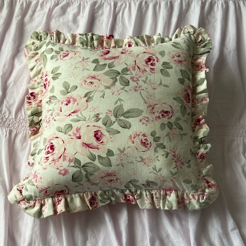 Simply Shabby Chic Rosalie Linen Blend Floral Roses Pillow Cover Pair Cream Pink - Picture 5 of 16